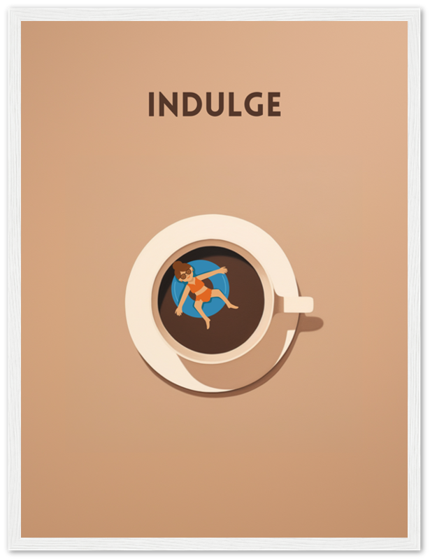 A poster featuring an illustrated superhero inside a coffee cup with the word "INDULGE" above.