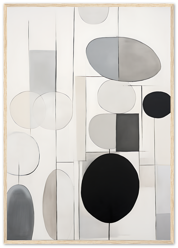 Monochrome abstract art featuring circles and rectangles with a white frame.