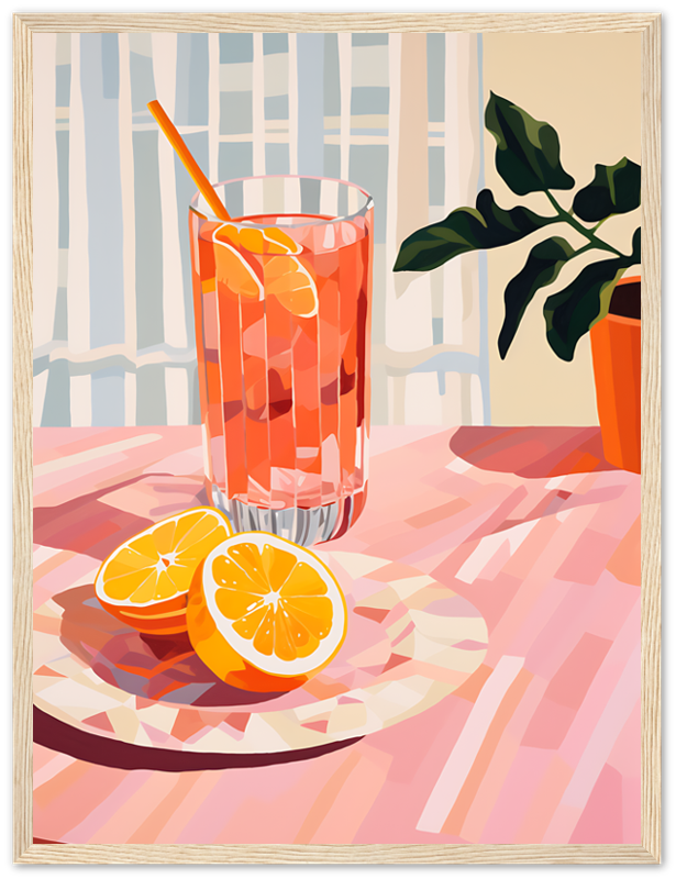 Illustration of a glass of orange juice with sliced oranges on a table.