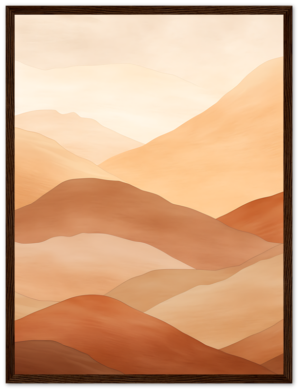 Abstract desert mountain landscape painting with warm tones, framed on a wall.