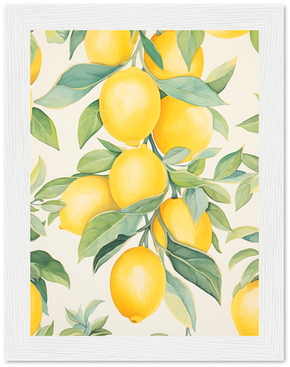 Framed illustration of lemons and leaves on a light background.