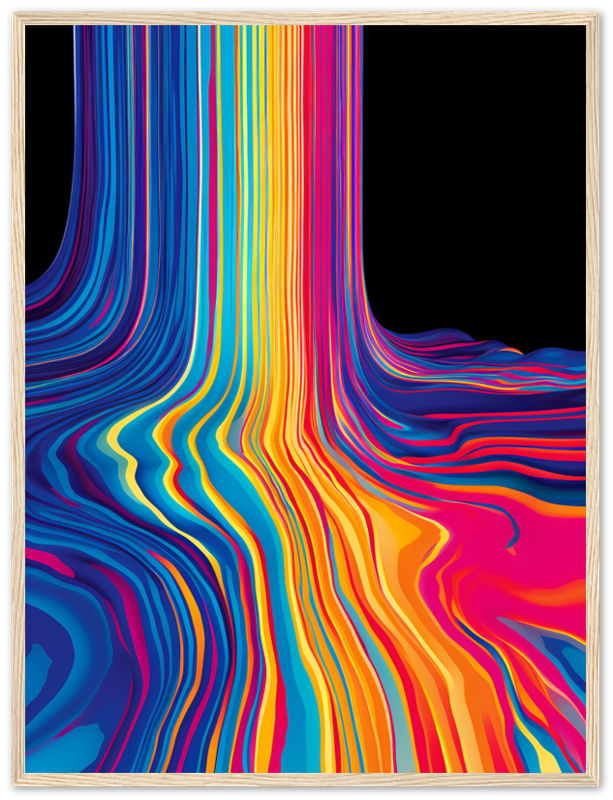 A colorful abstract wavy art in a wooden frame.