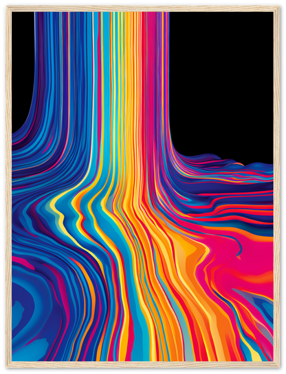 A colorful abstract wavy art in a wooden frame.