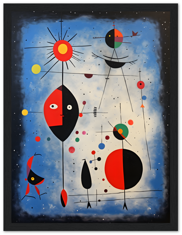 Abstract painting with colorful geometric shapes resembling a celestial scene, framed in wood.
