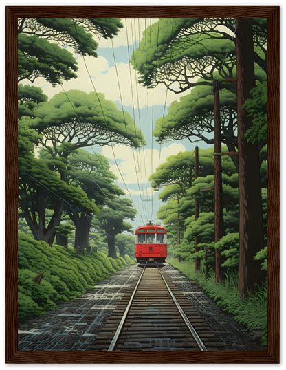 A framed illustration of a red tram on tracks amidst lush green trees.