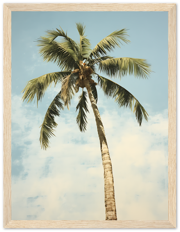 A framed picture of a single palm tree against a cloudy sky.