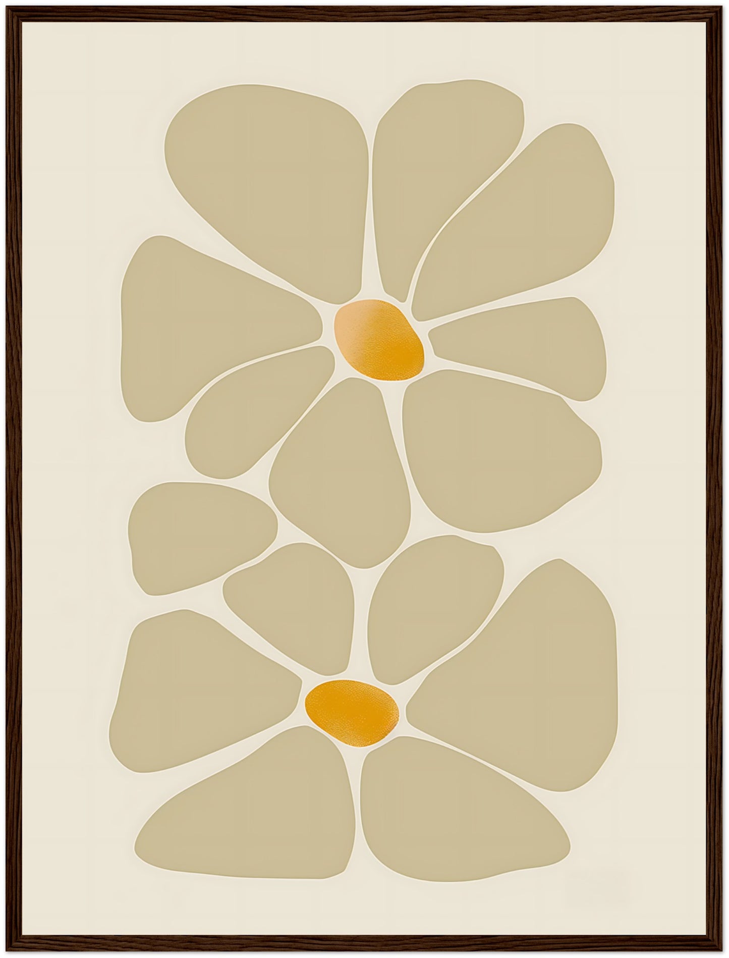 Abstract floral design in earth tones, framed with a wooden border.