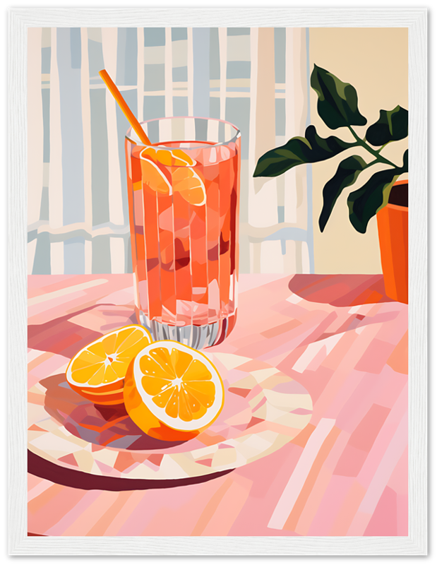 Illustration of a glass of orange juice with sliced oranges on a table, with a plant in the background.