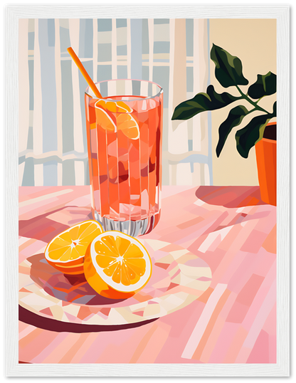 Illustration of a glass of orange juice with sliced oranges on a table, with a plant in the background.