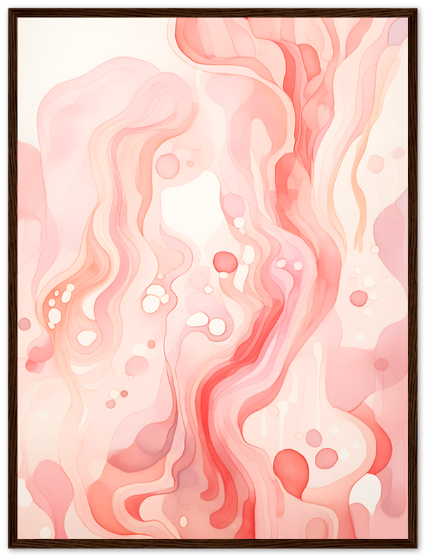 Abstract pink and white fluid art in a dark frame.