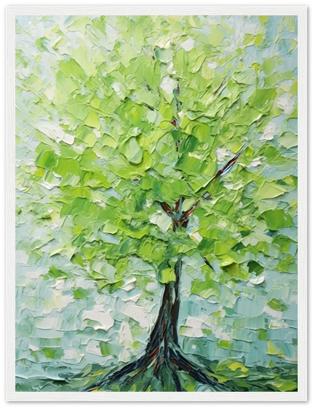 An impressionistic painting of a vibrant green tree with a thick brown trunk, framed in light wood.