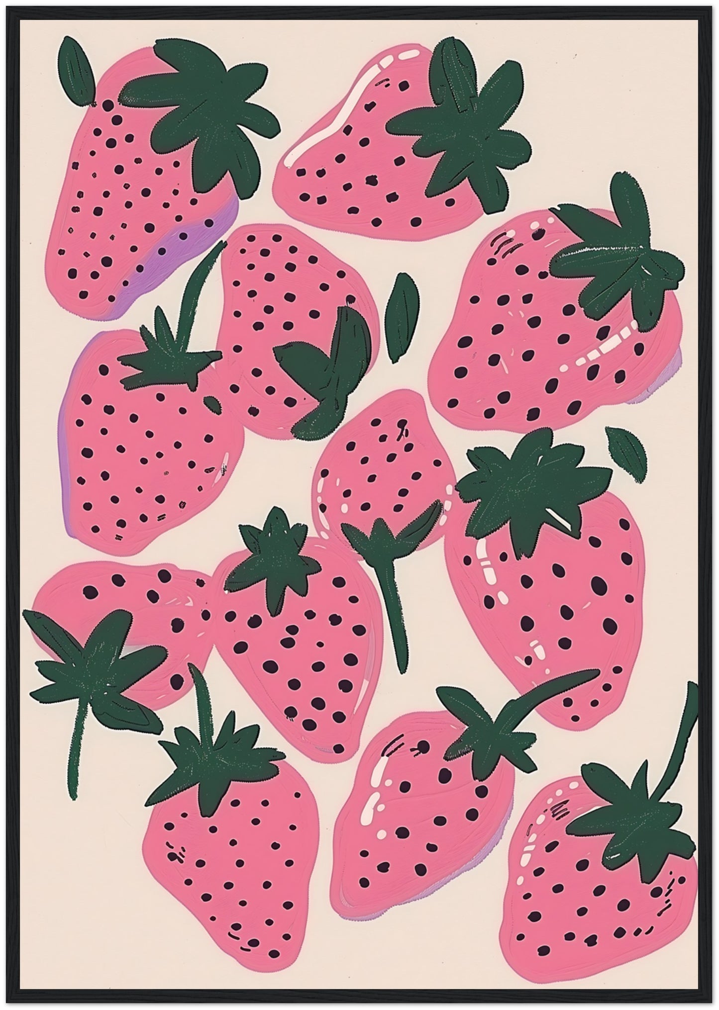 Illustration of stylized pink strawberries with black seeds and green leaves on a light background.