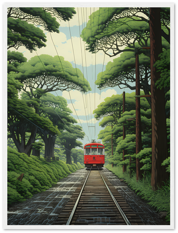 A framed digital illustration of a red tram on a tree-lined track.