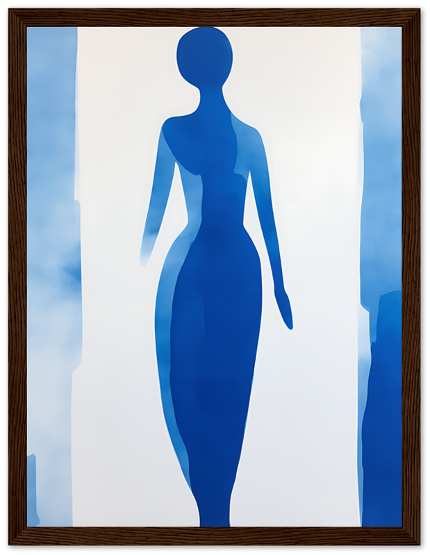 Silhouette of a woman in a blue art piece with a wooden frame.
