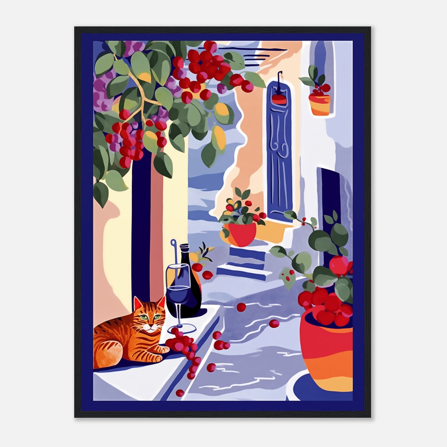 Illustration of a cat sitting on a windowsill with plants and a glass of wine.