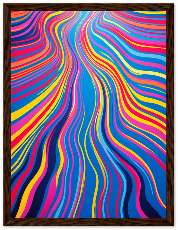 Vibrant abstract wavy lines in blue, pink, yellow, and red within a dark frame.