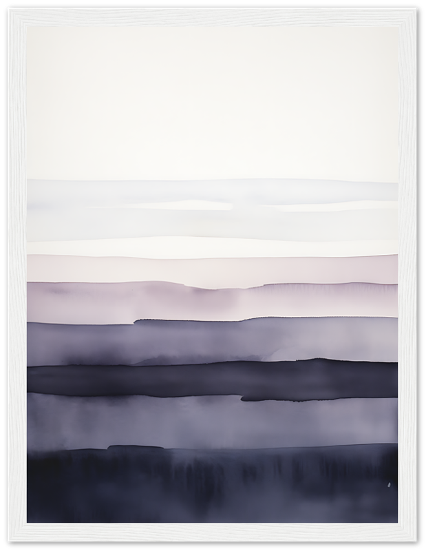 A framed image of a tranquil, misty landscape with layered hills.