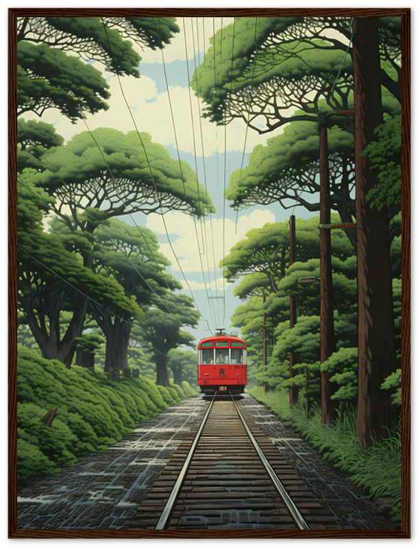 An illustrated red tram traveling down tracks through a lush green forest.