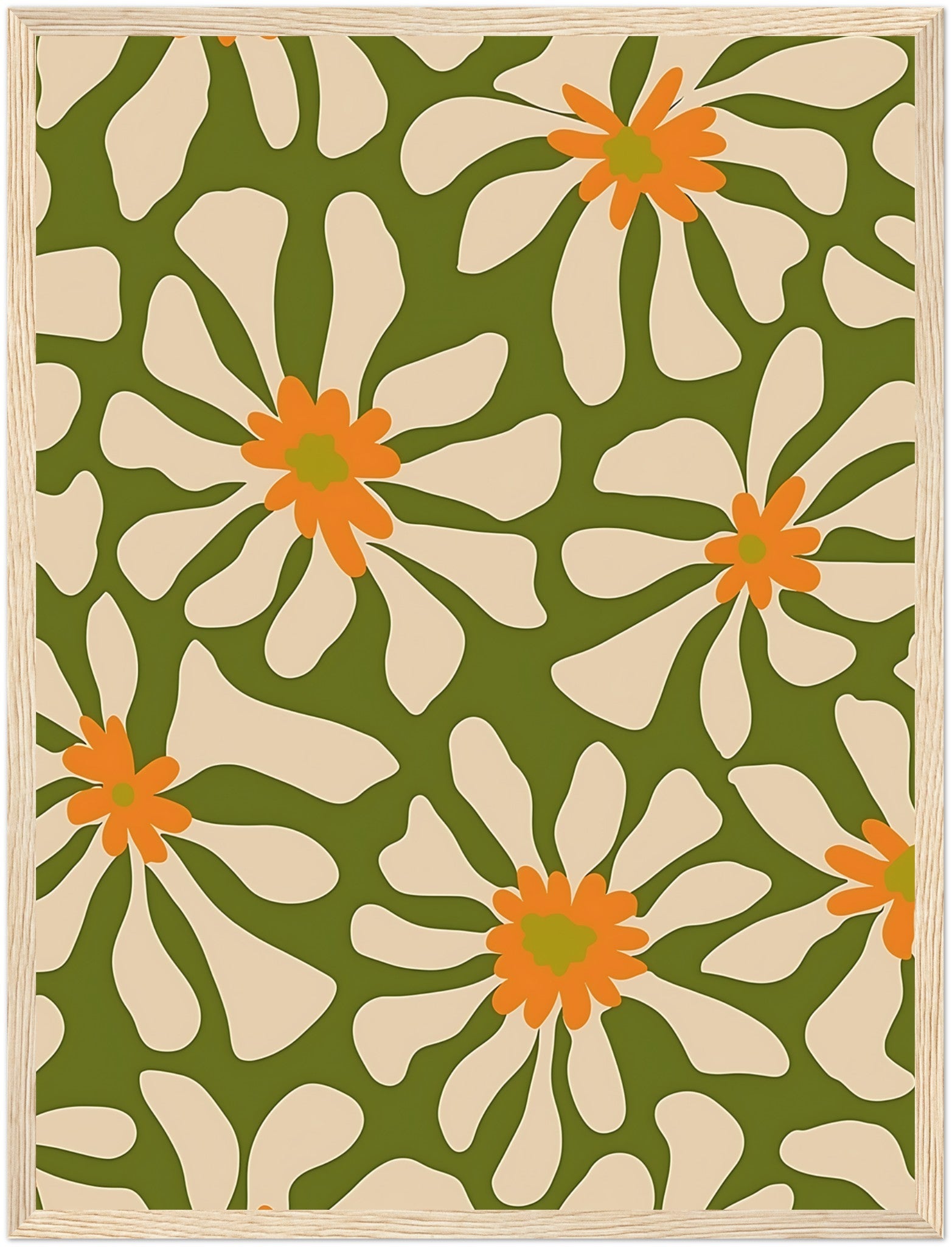 A floral pattern with white flowers and orange centers on a green background, framed with brown border.
