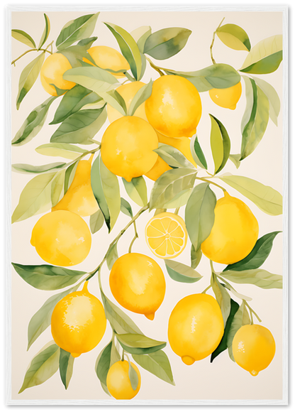 A vibrant illustration of a lemon branch with ripe yellow lemons and green leaves.