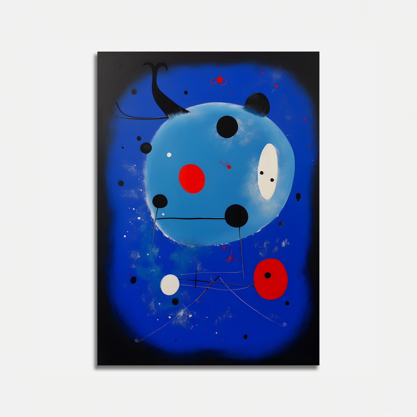 Abstract painting with blue background and whimsical circles resembling a panda in space.