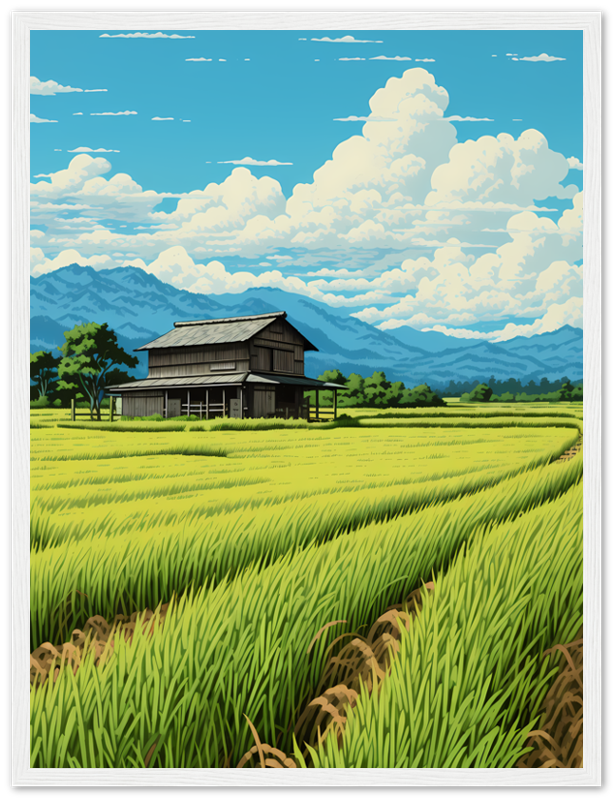 Illustration of a traditional house in a rice field with mountains in the background, framed as a painting.