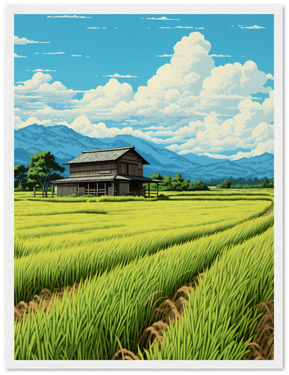 Illustration of a traditional house in a rice field with mountains in the background, framed as a painting.