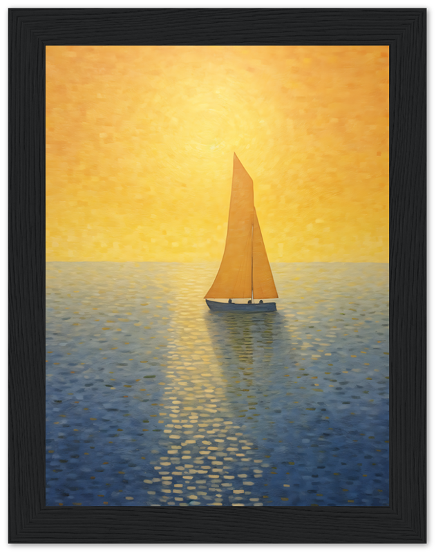A framed painting of a sailboat at sunset with orange hues in the sky and sea reflections.