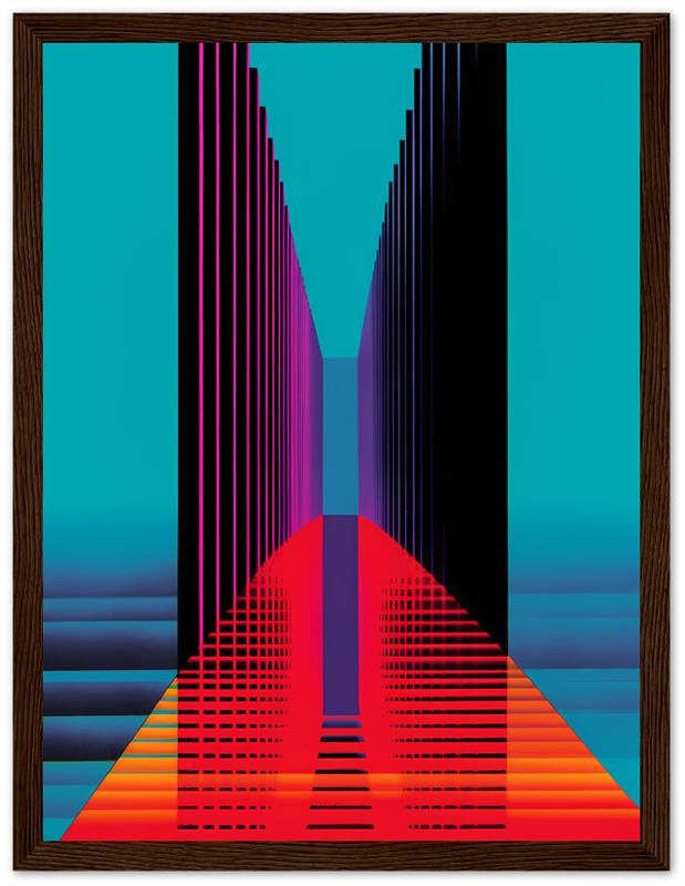 Abstract colorful geometric art with a wooden frame.