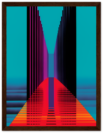 Abstract colorful geometric art with a wooden frame.