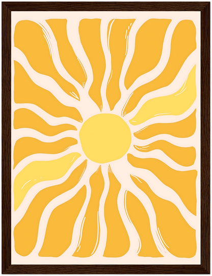 Abstract sunburst pattern with yellow and white rays on a framed canvas.