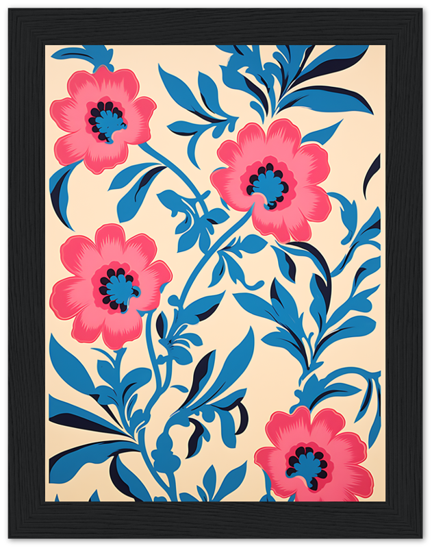 A framed floral print with vibrant pink flowers and blue leaves on a beige background.