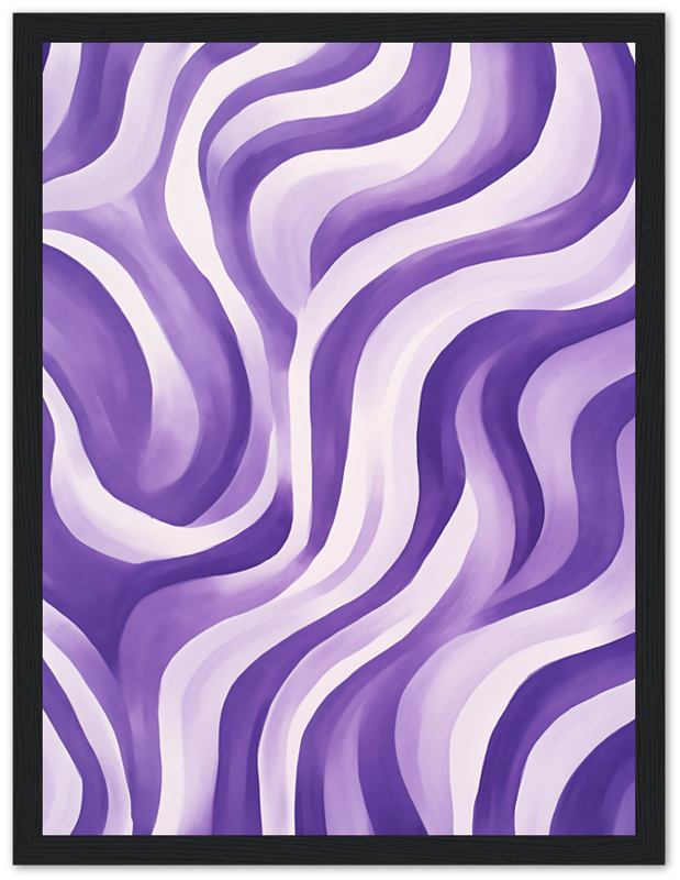 A framed abstract painting with purple and white wavy patterns.