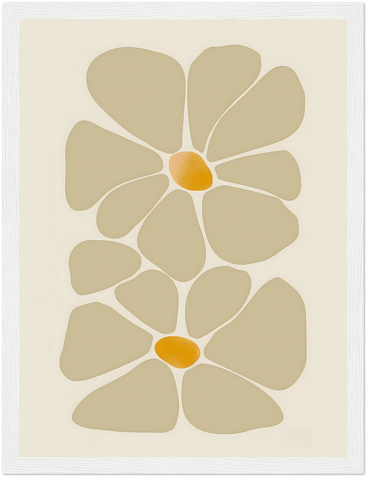 Abstract floral design in earth tones, framed with a wooden border.