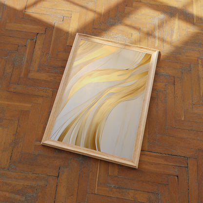 Abstract golden swirls artwork in a wooden frame on a parquet floor.
