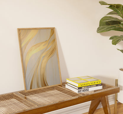 Abstract art piece leaning on a wall above a console table with books.