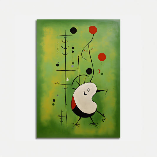 Modern abstract painting with geometric shapes and lines on a green background.