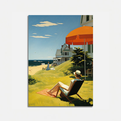 A painting of a person relaxing on a beach chair by the sea under a large orange umbrella.