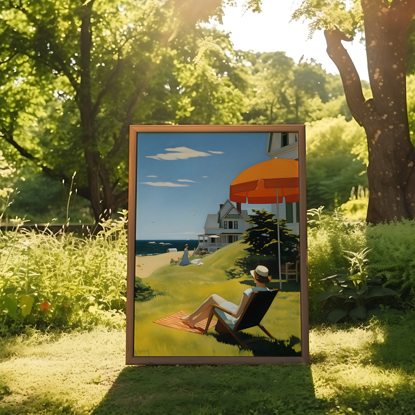 A painting of a person relaxing in a chair by the beach placed in a sunny garden setting.