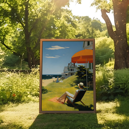 A painting of a person relaxing in a chair by the beach placed in a sunny garden setting.