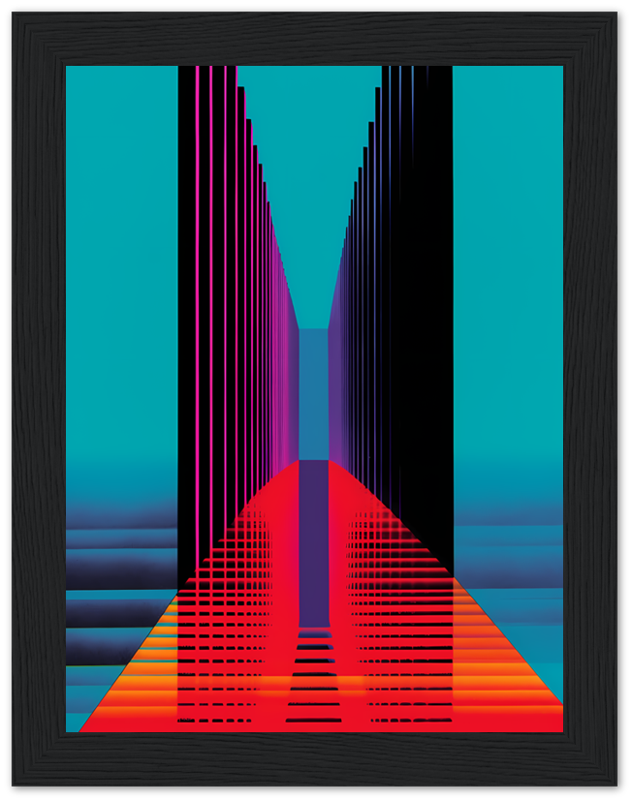 Abstract geometric artwork with vibrant colors and symmetrical patterns framed in black.