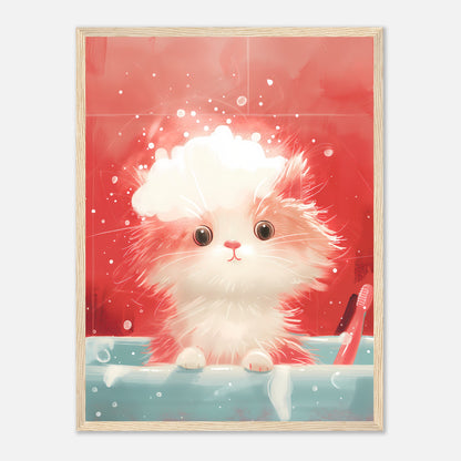 Illustration of a fluffy kitten with wide eyes peeking over a sink's edge.