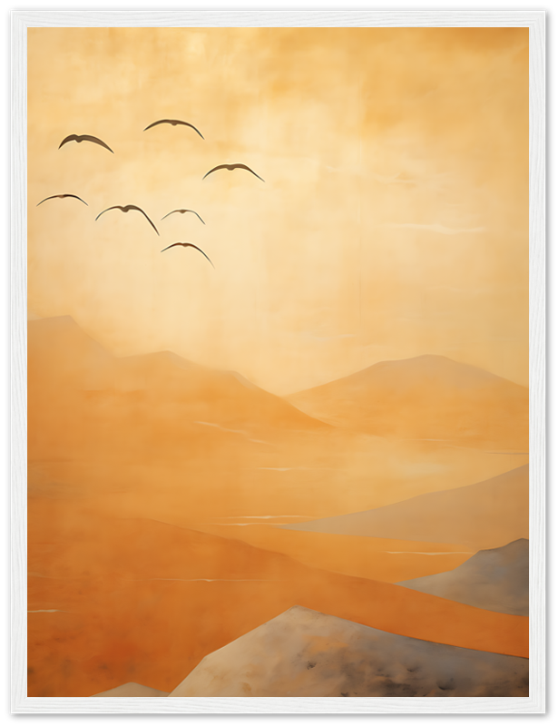 A serene painting of golden hills with birds flying in a clear sky.