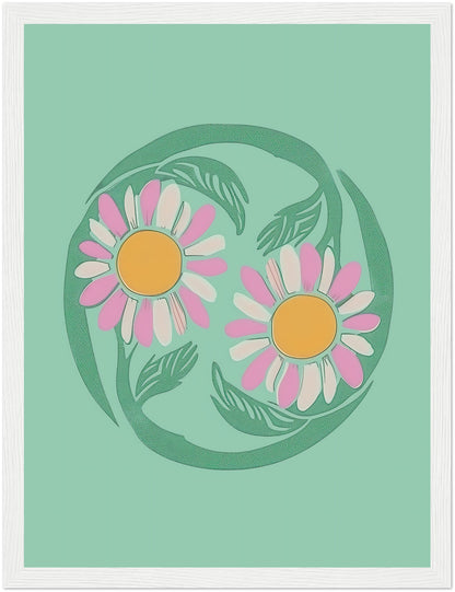 Stylized illustration of two daisies encircled by a green vine on a teal background with a brown frame.