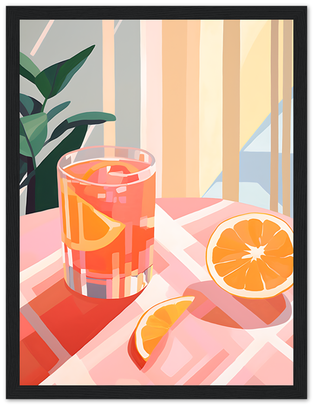Illustration of iced drink and sliced oranges on a checkered surface.
