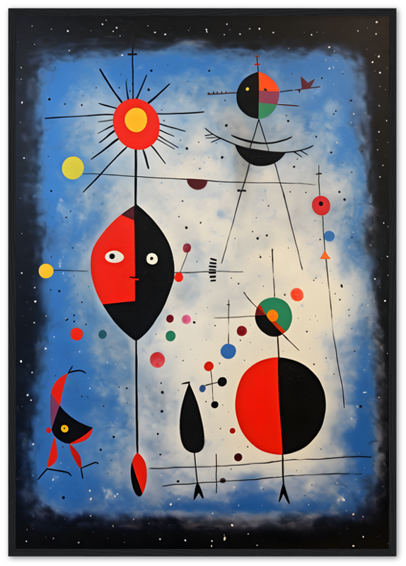 Abstract painting with colorful geometric shapes resembling a celestial scene, framed in wood.