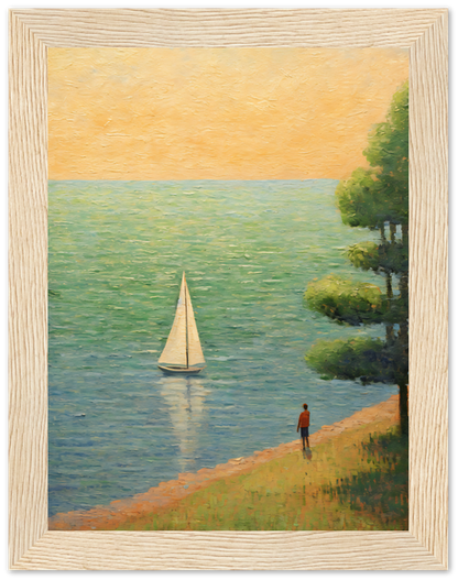 A painting of a person standing by a lakeshore watching a sailboat at sunset, framed beautifully.