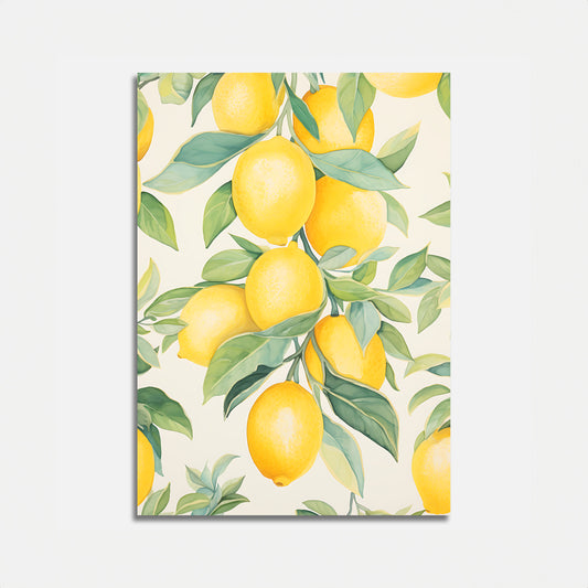 A painting of vibrant yellow lemons with green leaves on a light background.