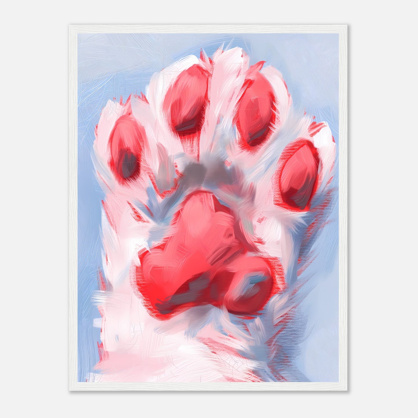 A framed abstract painting of a cat's paw in red and white tones.