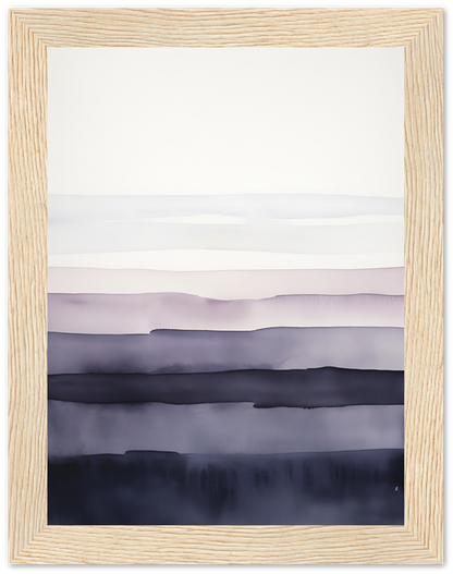 A framed abstract landscape painting with layered shades of purple and blue.